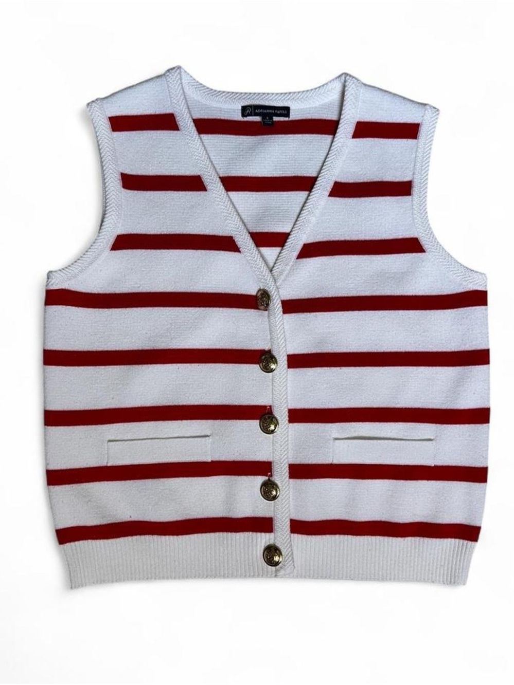 Adrianna Papell White and Red Striped Knit Button Vest